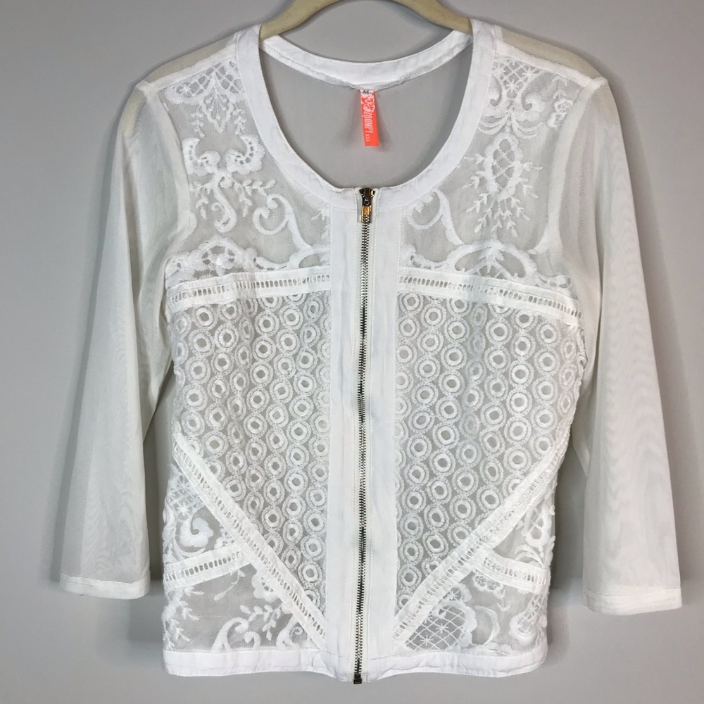 Zoompy white mesh embroidered zip up shirt